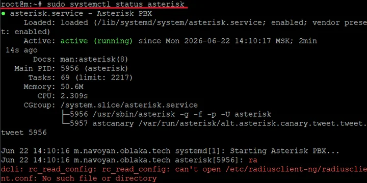 Скрин 2. Проверка статуса Asterisk.